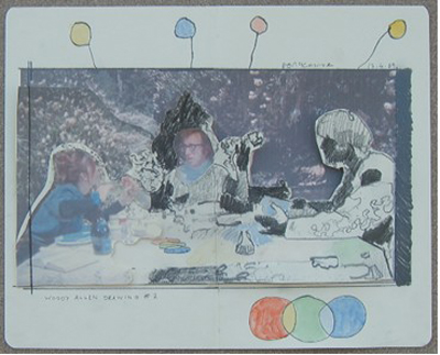 Dougal McKenzie:Woody Allen drawing (table talk), 21 x 26 cm, drawing, watercolour and collage, 2009; courtesy the artist and the Third Space Gallery